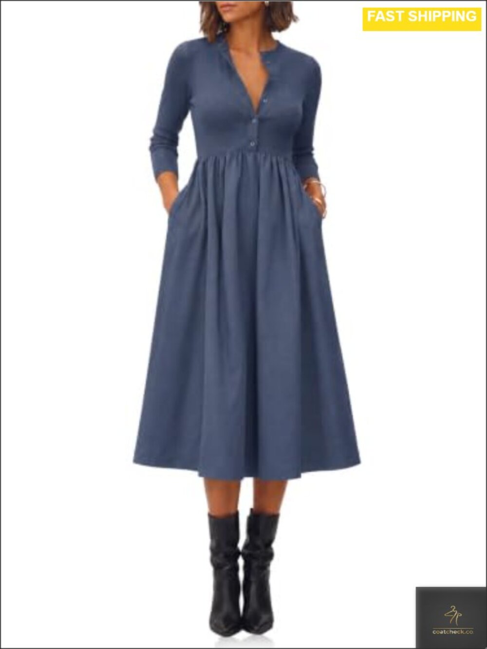 Long Sleeve Midi Dress Half Button A-Line Casual Fall Work Dress